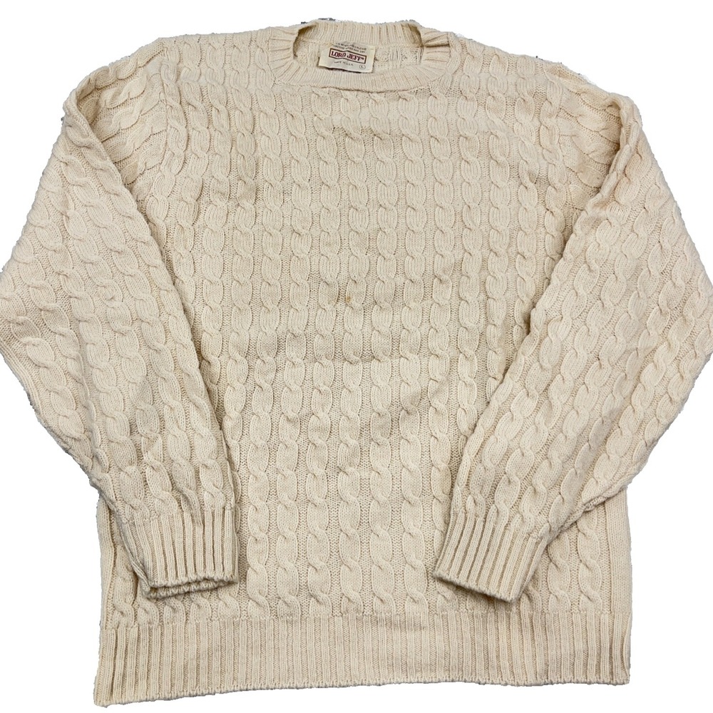 Vintage Lord Jeff Sweater‎ Men Large Cream White Wintuk Cable Knit USA 80s 90s *